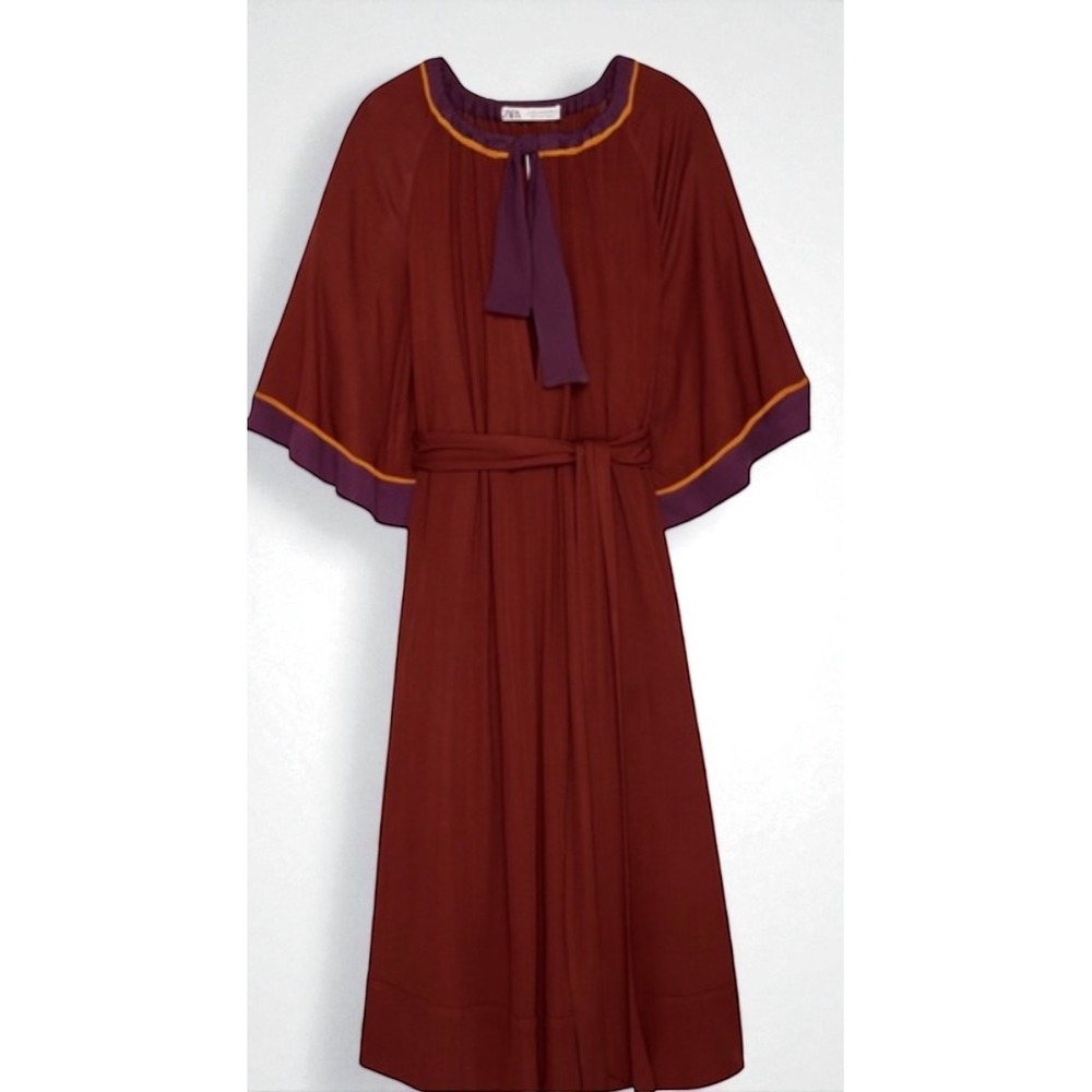 Zara Limited Edition‎ Contrasting Midi Dress Burgundy Wine Belted Size M NWOT - Picture 3 of 7